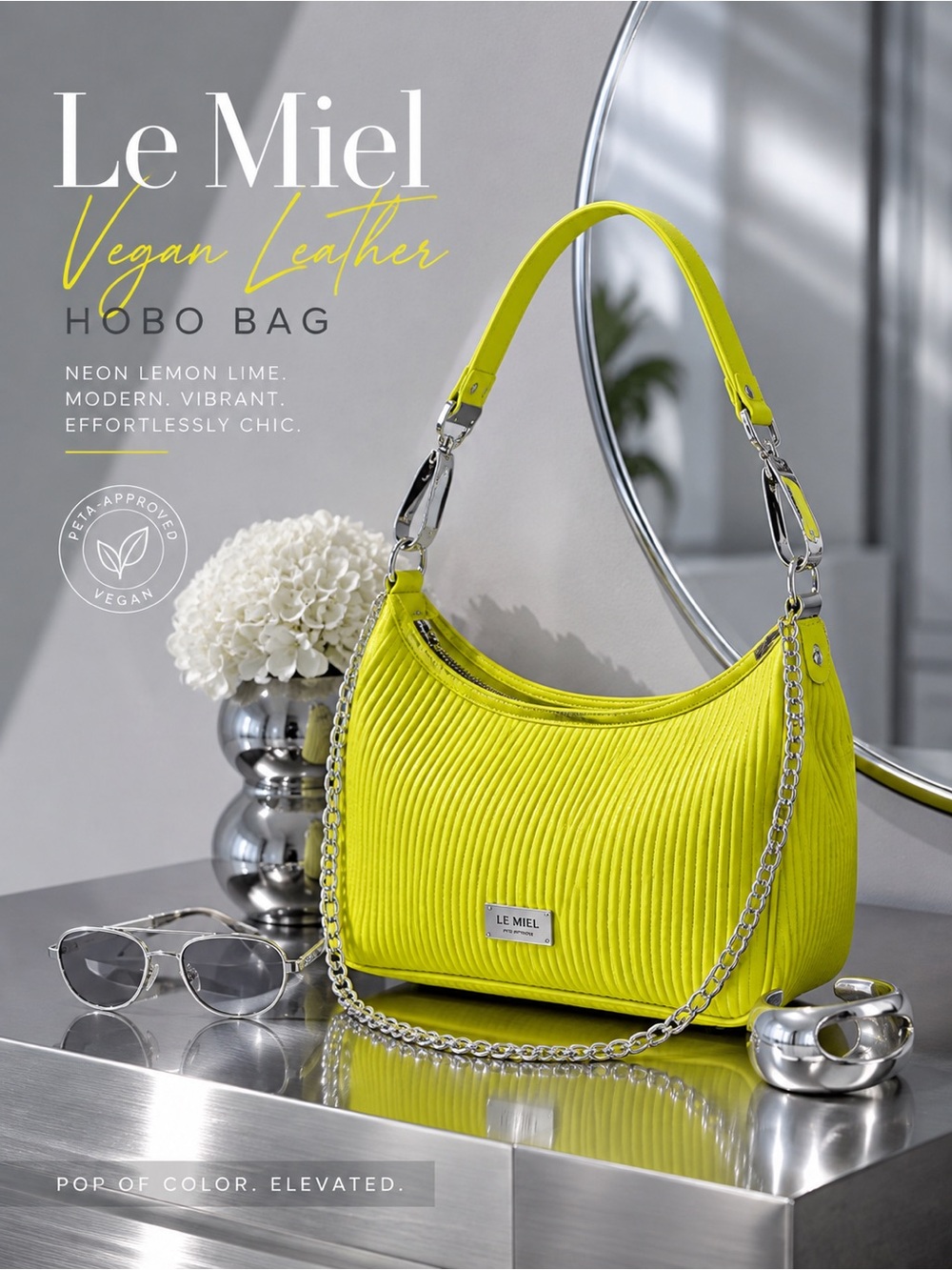 Le Miel  HOBO -‎  Neon Yellow Crossbody or Clutch  |  Chain Strap Vegan  NWT